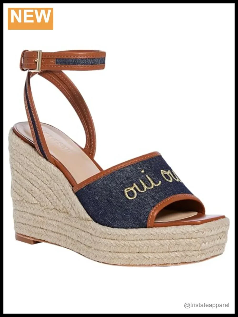 Cinq à Sept Denim Espadrille Wedge Sandals Gold Embroidery Ankle Strap